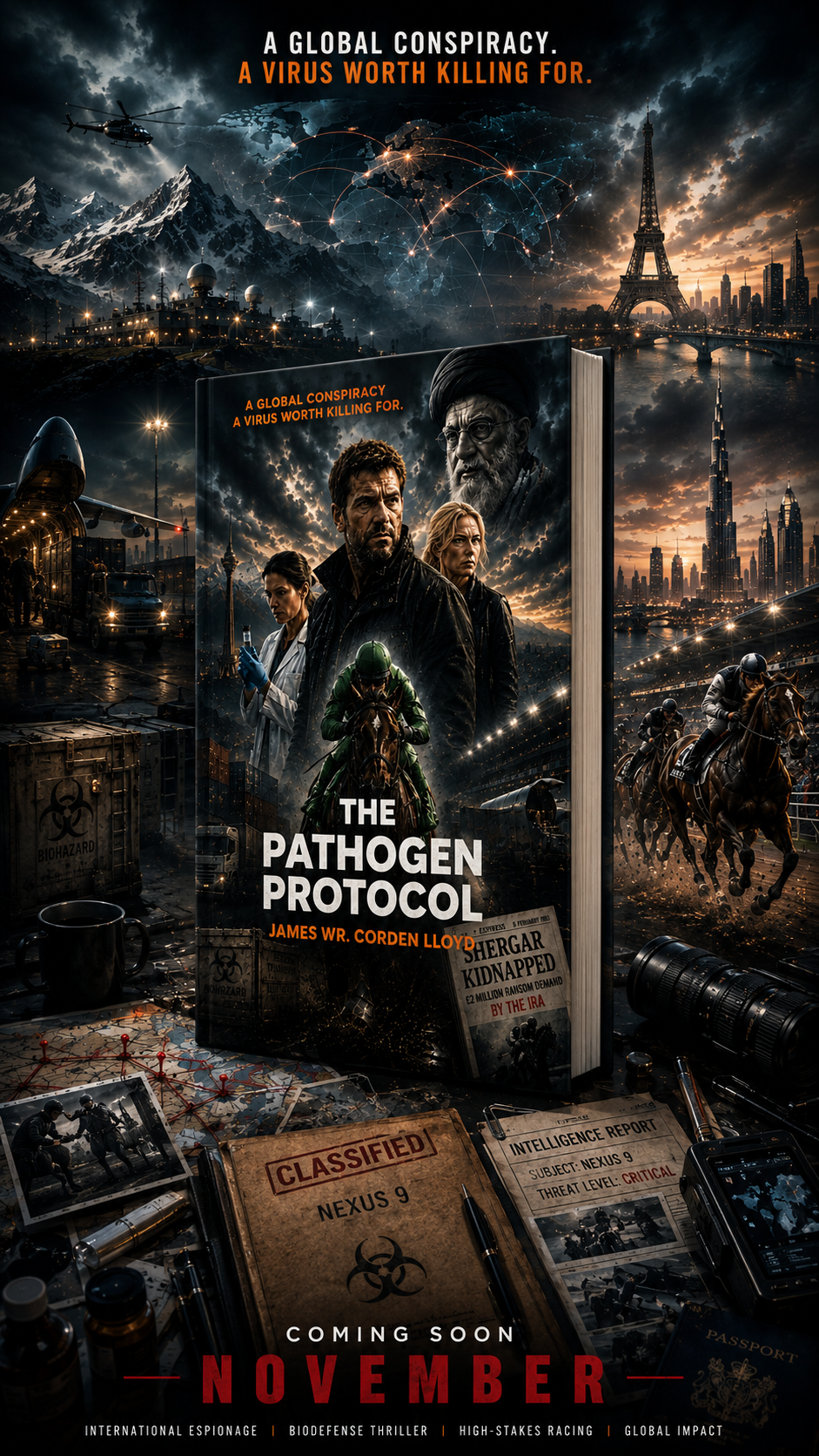 The Pathogen Protocol vertical promotional banner featuring the book cover, classified Nexus 9 files and a November release date