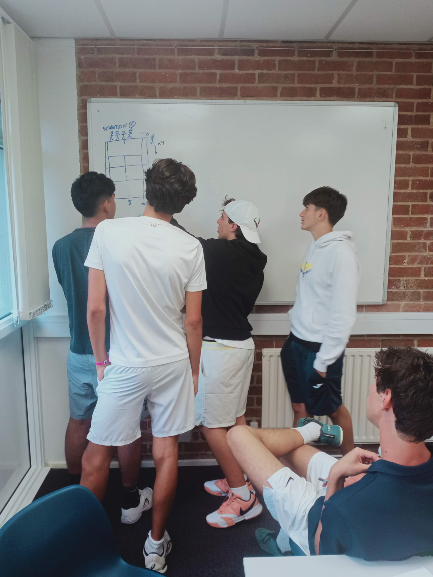 Coach explaining a court situation on a whiteboard to young tennis players