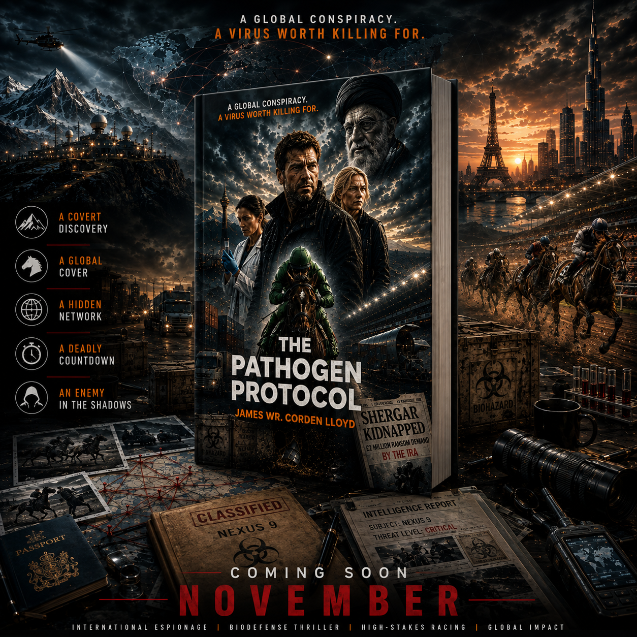 The Pathogen Protocol square promotional banner listing a covert discovery, a global cover, a hidden network, a deadly countdown and an enemy in the shadows