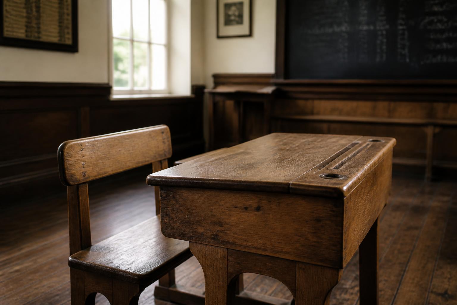 Traditional solid wooden school desk with hinged lid and bench in a classical English-style classroom