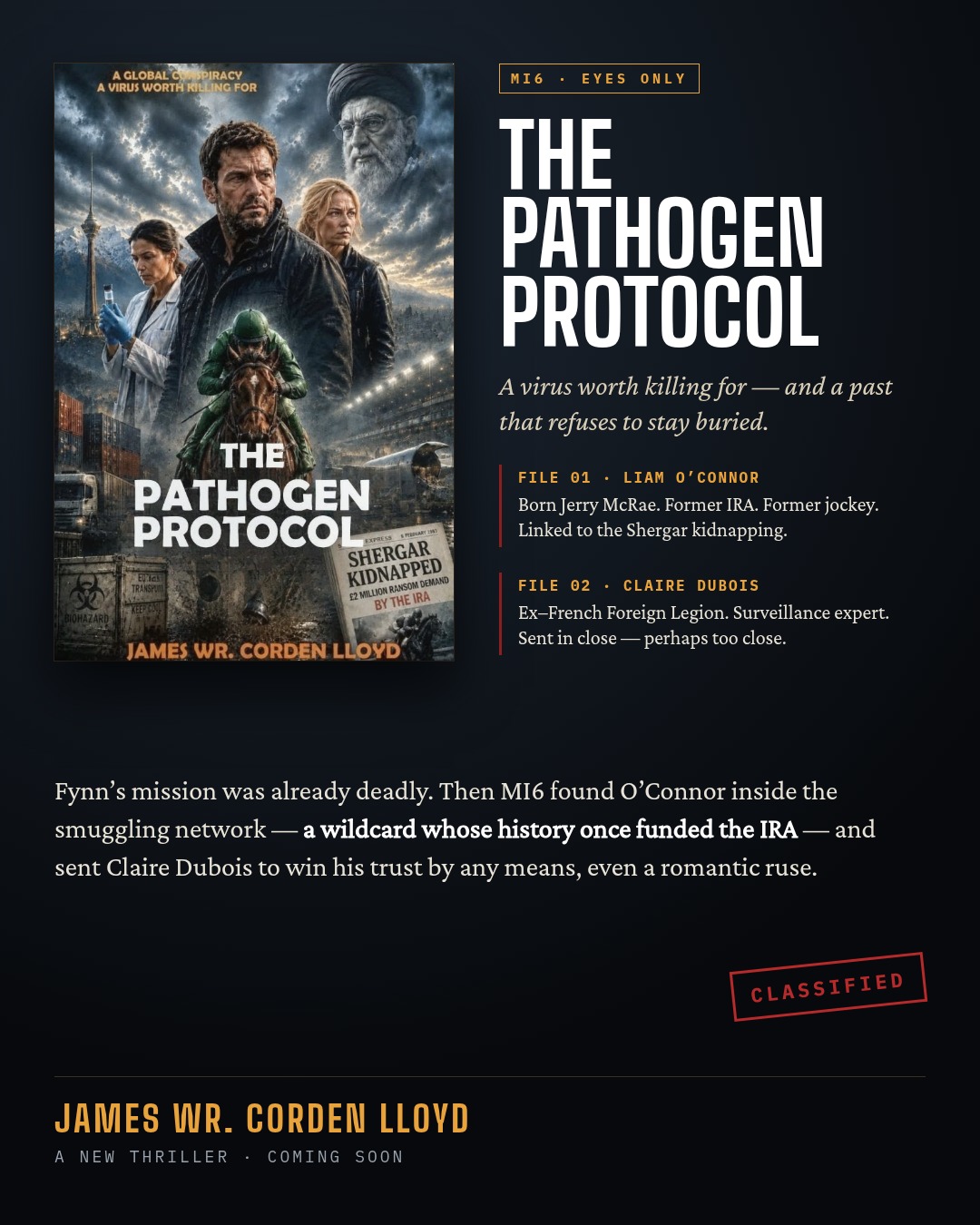 The Pathogen Protocol MI6 promotional cover card, featuring Liam O’Connor and Claire Dubois