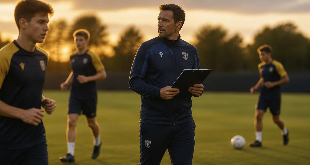 Elite junior footballers training at dusk with their coach