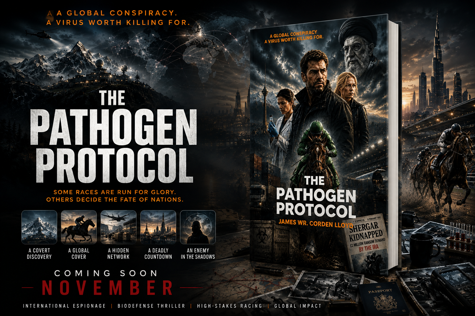 The Pathogen Protocol wide promotional banner — a global conspiracy, a virus worth killing for, coming November