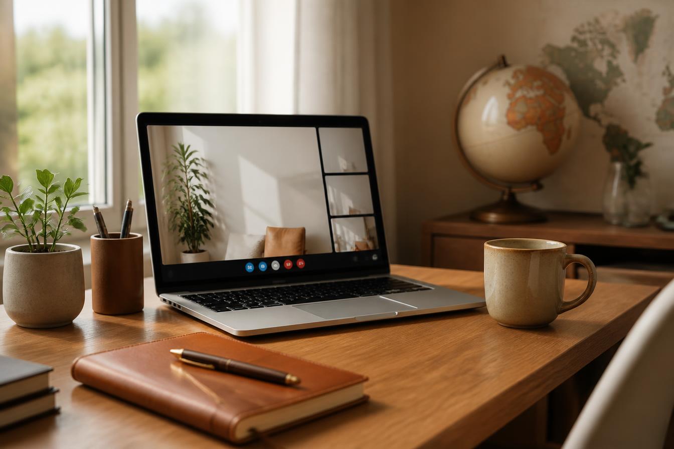 Professional online English lesson setup with laptop, notebook and warm natural light