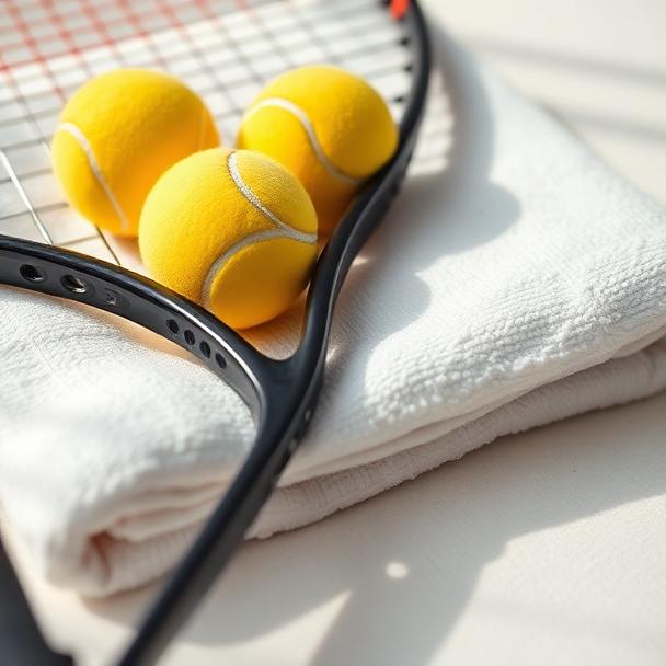 Tennis racket and balls on a folded towel