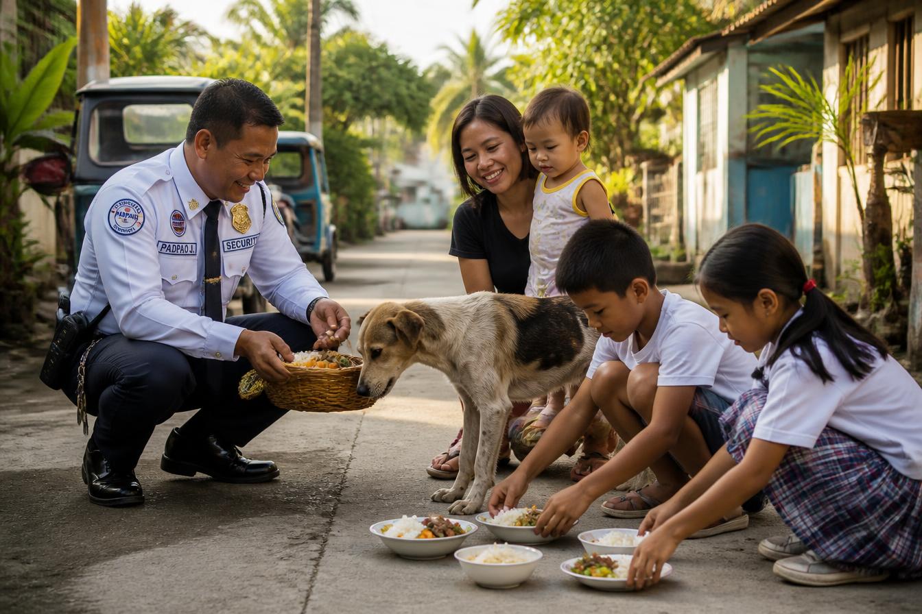 A Filipino security guard and young family feeding fresh food to a street dog in a sunlit Philippine neighbourhood